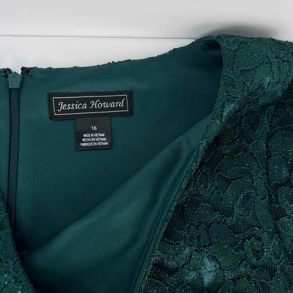 NEW Jessica Howard Dramatic Bell-Sleeve Glitter Hunter Green Lace Dress 16 - Picture 9 of 16